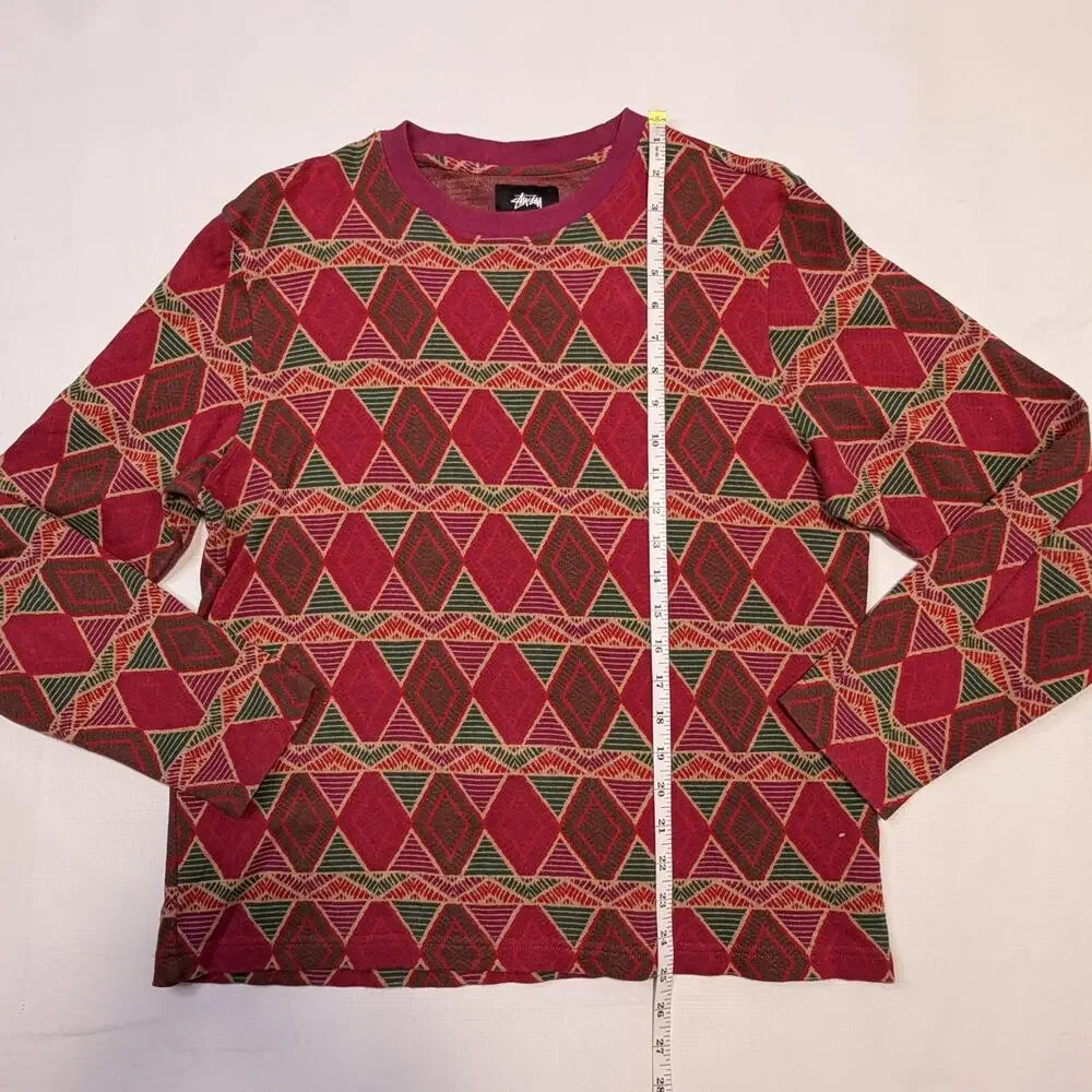 Stussy Sweater Mens Small Red Geometric Knit Crewneck Pullover Cotton Casual